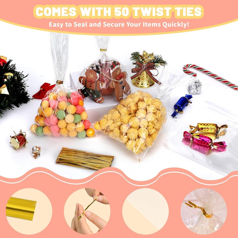 Bonison 8x11 Inch Cellophane Treat Bags - 50pcs Candy Goodie Gift Bags With Twist Ties, Perfect For Party Favors, Candies Cookies Chocolate Gift Wrapping - Image 4